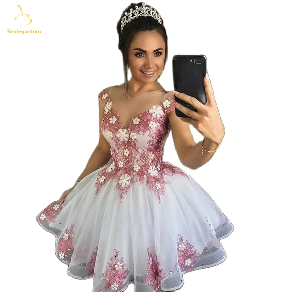 Bealegantom Scoop Short Homecoming Dresses 2025 Organza Flower Beaded Mini Graudation Cocktail Formal Prom Party Gown QA361
