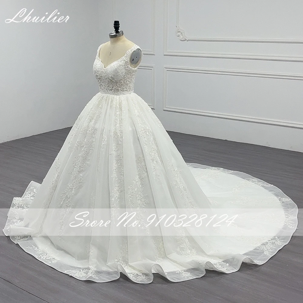 Lhuilier V Neck Ball Gown Lace Wedding Dresses Floor Length Sleeveless Beaded See Through Bridal Gowns with Cathedral Train