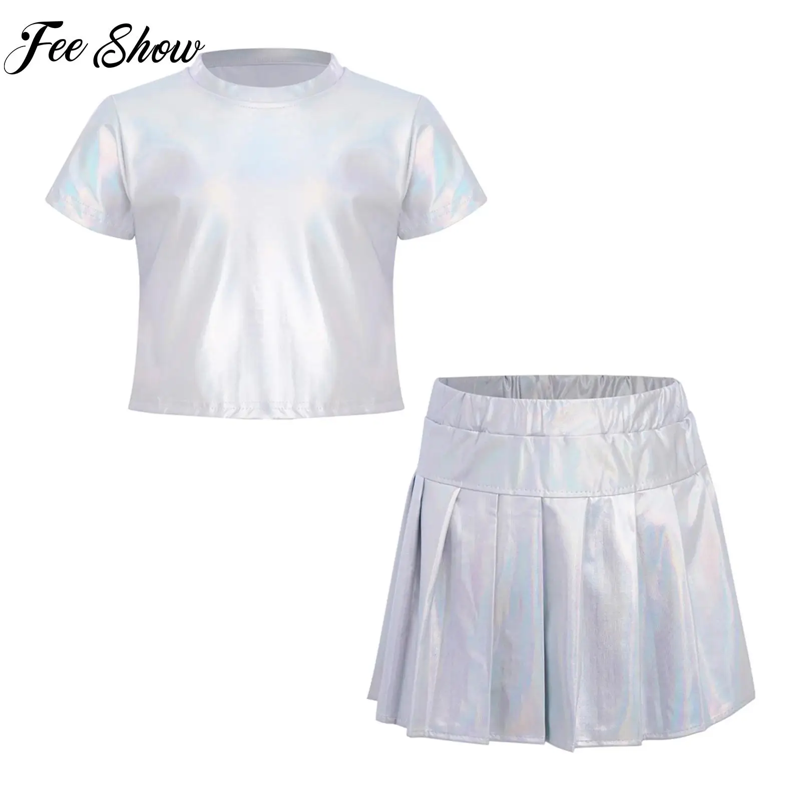 

Комплект из 2 предметов для девочек: серебристый костюм для хип-хопа и джазовых уличных танцев, футболка с коротким рукавом + юбка, для выступлений на сцене и соревнований