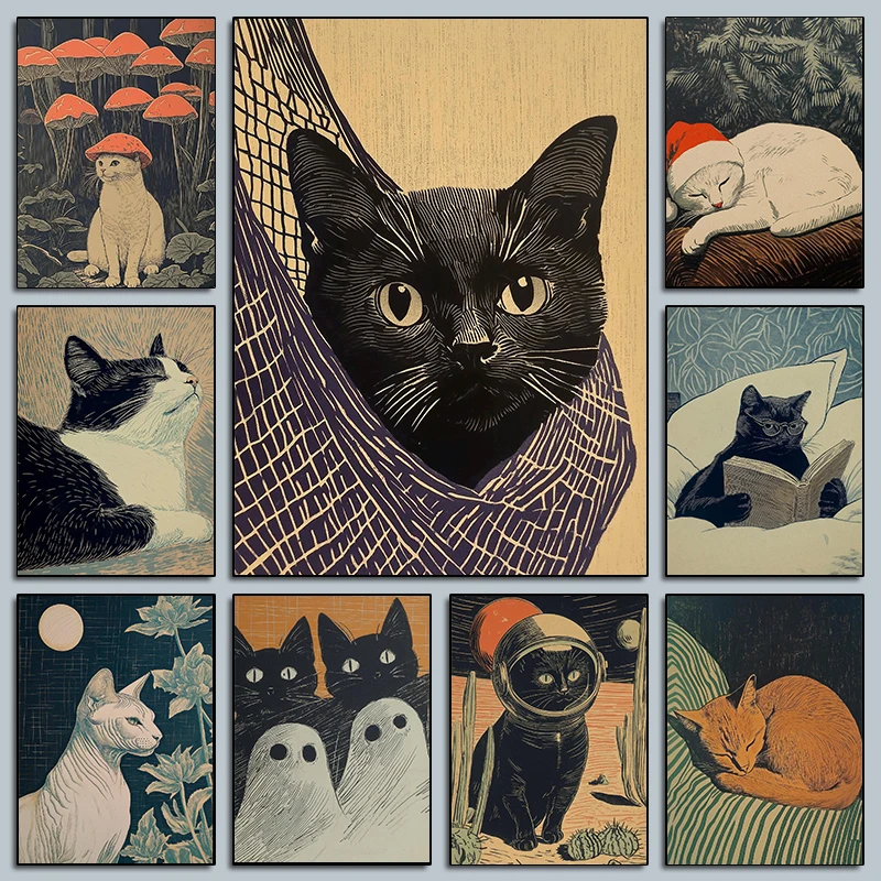 1pc frameless Canvas Painting Vintage Sci-Fi Cat Posters Cosmic Cat Couple Coffee Space Modern Prints Canvas Painting Wall Art P