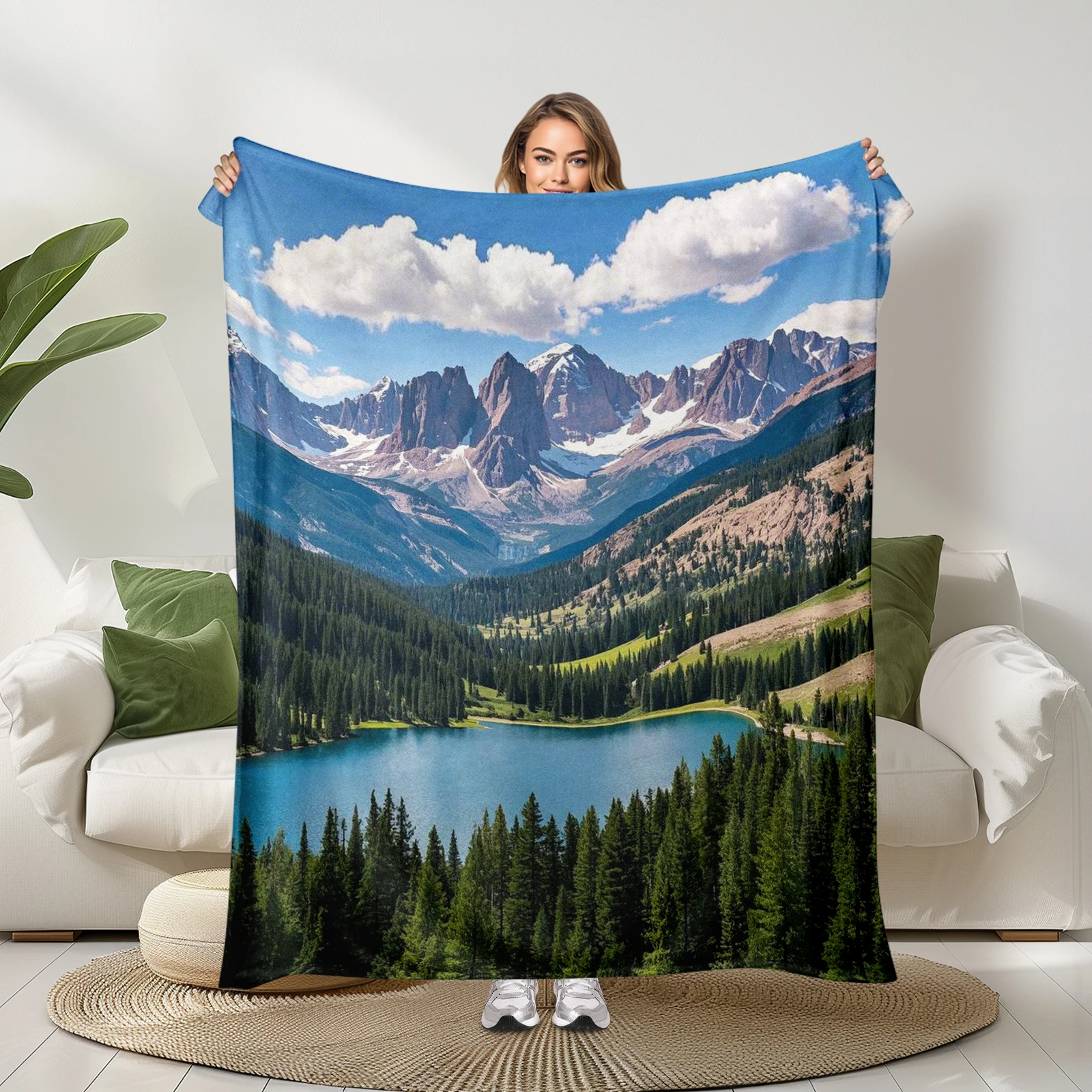 

50 States Themed Mountains And Lakes Flannel Blanket, Cozy And Durable, Perfect For Cold Nights.