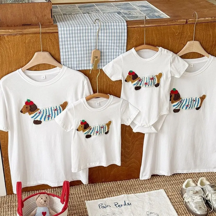 Family Cotton T-shirts for Girls Boys Mom Dad Summer Matching Clothing Adult Kids Three-dimensional Dachshund Puppy Shirts Tops