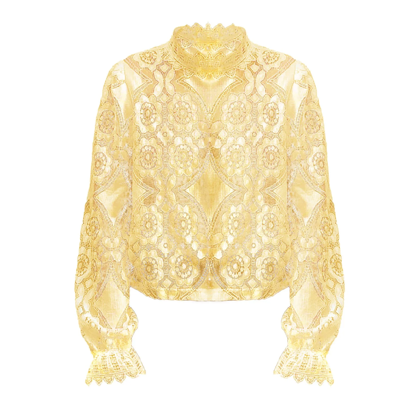 Sexy Lace Print Shirts Women See Through Ruffled Long Sleeved Stand Up Collar Blouses Summer Blusas Mujer Elegantes Y Juveniles