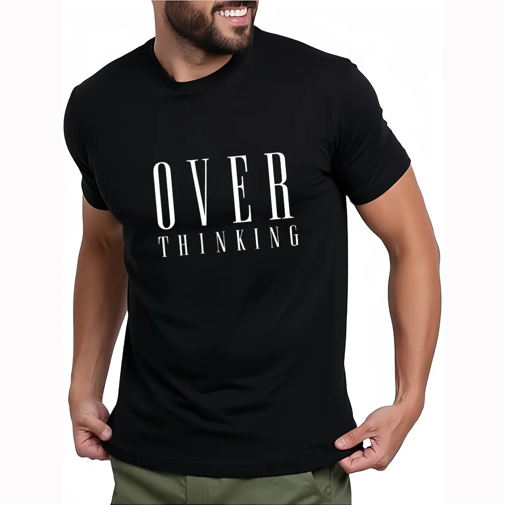 OVER THINKING Minimalist, Tall-Fit Serif English Print Black T-Shirt: For Those Prone to Self-Doubt and Sensitive Personalities—A Niche, Emotional Unisex Casual Short-Sleeve T-ShirtKT10011