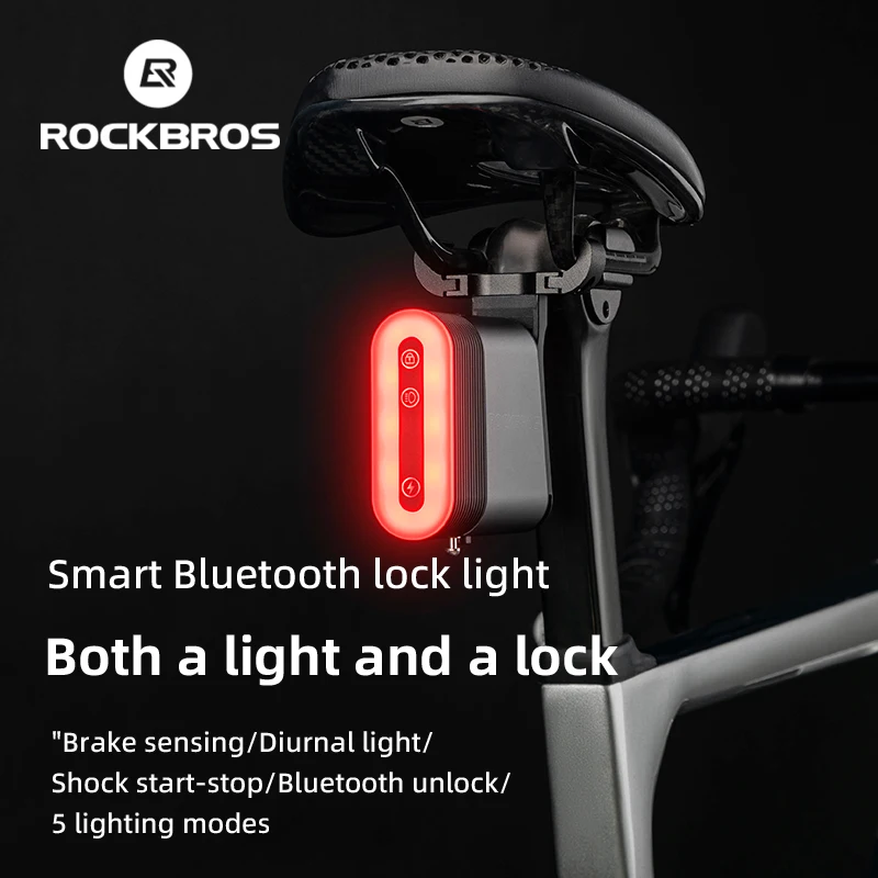 

ROCKBROS Bicycle Rear Light Bluetooth Smart Lock Light Dual Function IPX6 Waterproof 5 Lighting Modes Type-C MTB Bike Tail Light