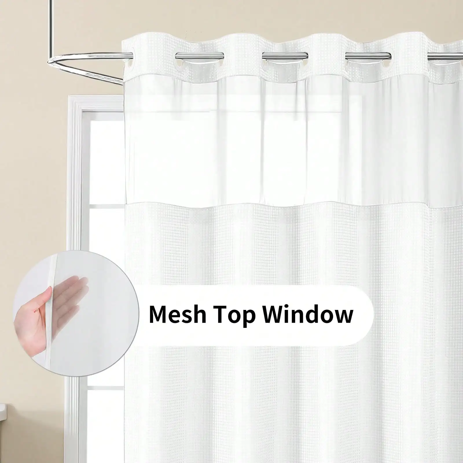 No Hook Shower Curtain With Snap In Fabric Liner, Waffle Weave Heavy Duty Thick Shower Curtains With Mesh Top Window, Hotel Style Waterproof Bathroom Curtain Set, White Fall Decor Bathroom Decor