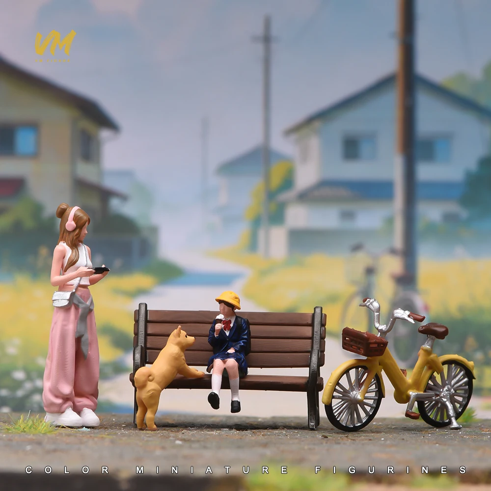 Painted Miniature 1/87 1/64 1/43 1/24 1/18 Beautiful Sister Student Dog Bicycle Mini Doll Model Scene Prop Crafts Display Decor