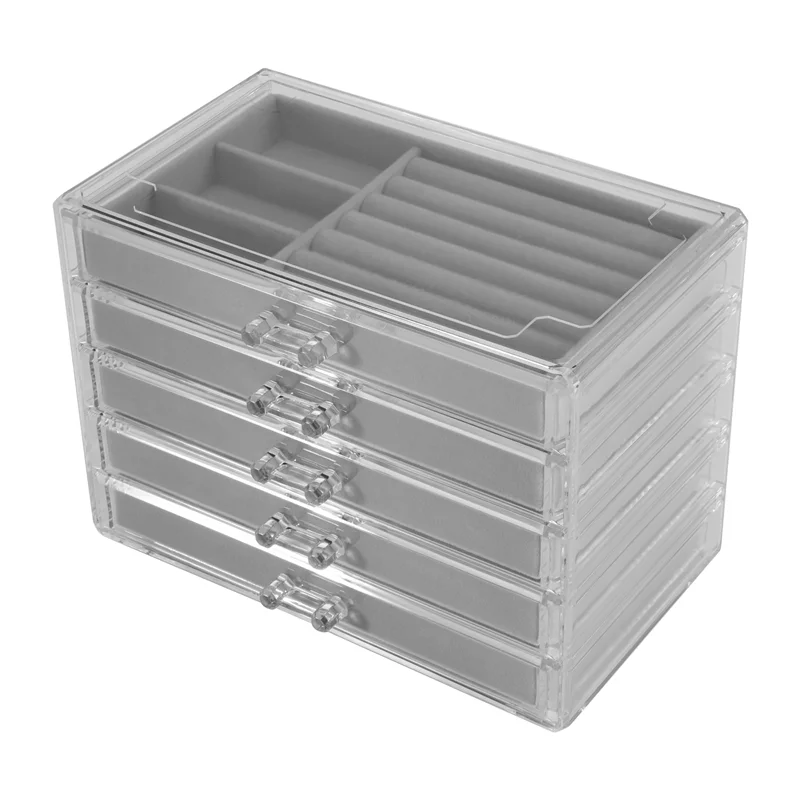 AF89-منظم المجوهرات مع 5 أدراج صندوق مجوهرات أكريليك شفاف هدية حامل عرض القرط المخملي القابل للتكديس #6