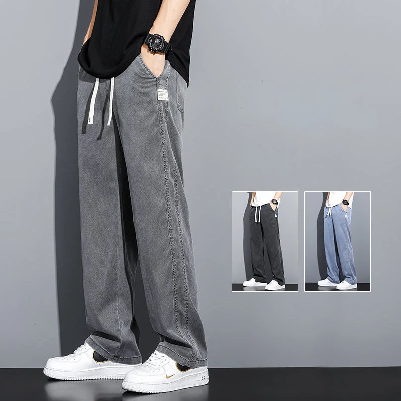 Summer Thin Loose Straight Casual Pants Men's Trendy Versatile Draping Wide-Leg Jeans Men's Clothing Gray Blue Black Jeans M-5XL