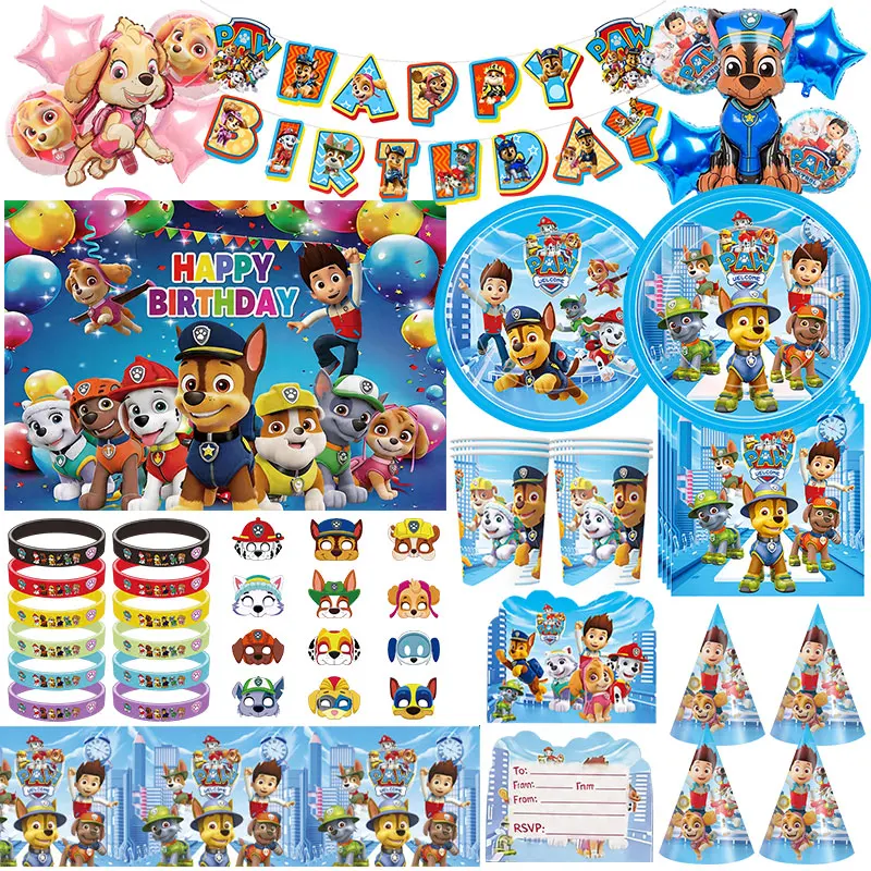 Décoration de fête d'anniversaire Paw Patrol, vaisselle, assiettes, gobelets, nappe, ensemble de ballons numérotés, bannière de fond, sac cadeau, fournitures de fête