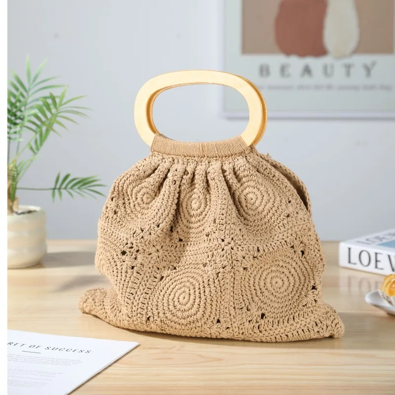 

New Arrivals Crochet Cotton Thread Woven Handbag Handmade Hollow Out Knitted Bag with Wooden Handle Women's Seaside Beach Bag