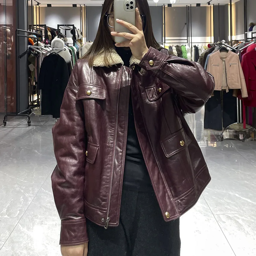 JANEFUR Women's Winter Coat Wine-Red Genuine Leather Down Jacket With Lambswool Collar Real Leather JFB8-25003