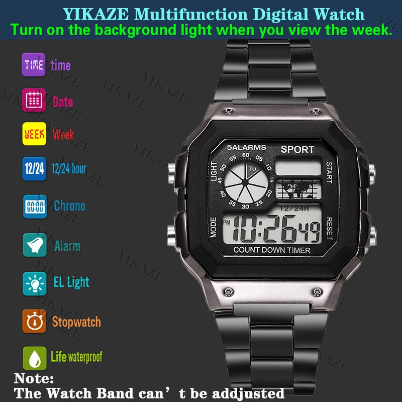 YIKAZE Men\'s Military Watch Luxury Sport Digital Watch Stainless Steel Countdown Waterproof Electronic Wristwatch for Men Gift