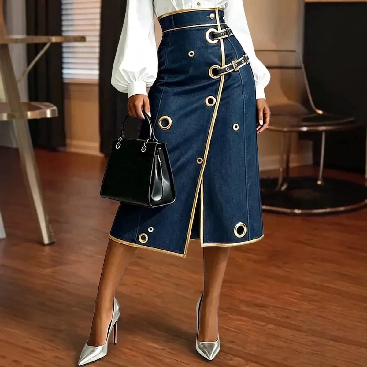 Women High Waist Denim Midi Skirt Trim Eyelet Decor Asymmetrical Split Skirt With Double Belt Business Casual Calf Skirt