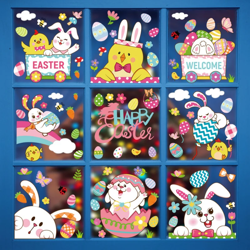 

**Easter Sticker Bunny Egg Cute Cartoon, Wall Decal Static Cling Art, Holiday Decoration Set**
