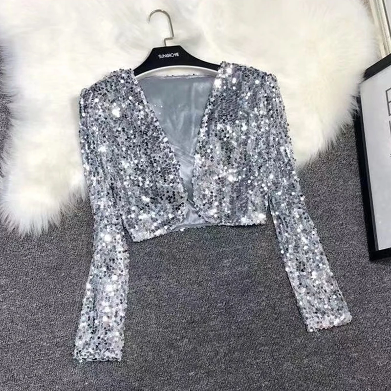 Damen Funkelndes Pailletten-Langarm-Crop-Top mit V-Ausschnitt und Offener Front, Glitzer-Bluse für Abendpartys, Nachtclubs, Raves und Festival-Outfits – Detail 2