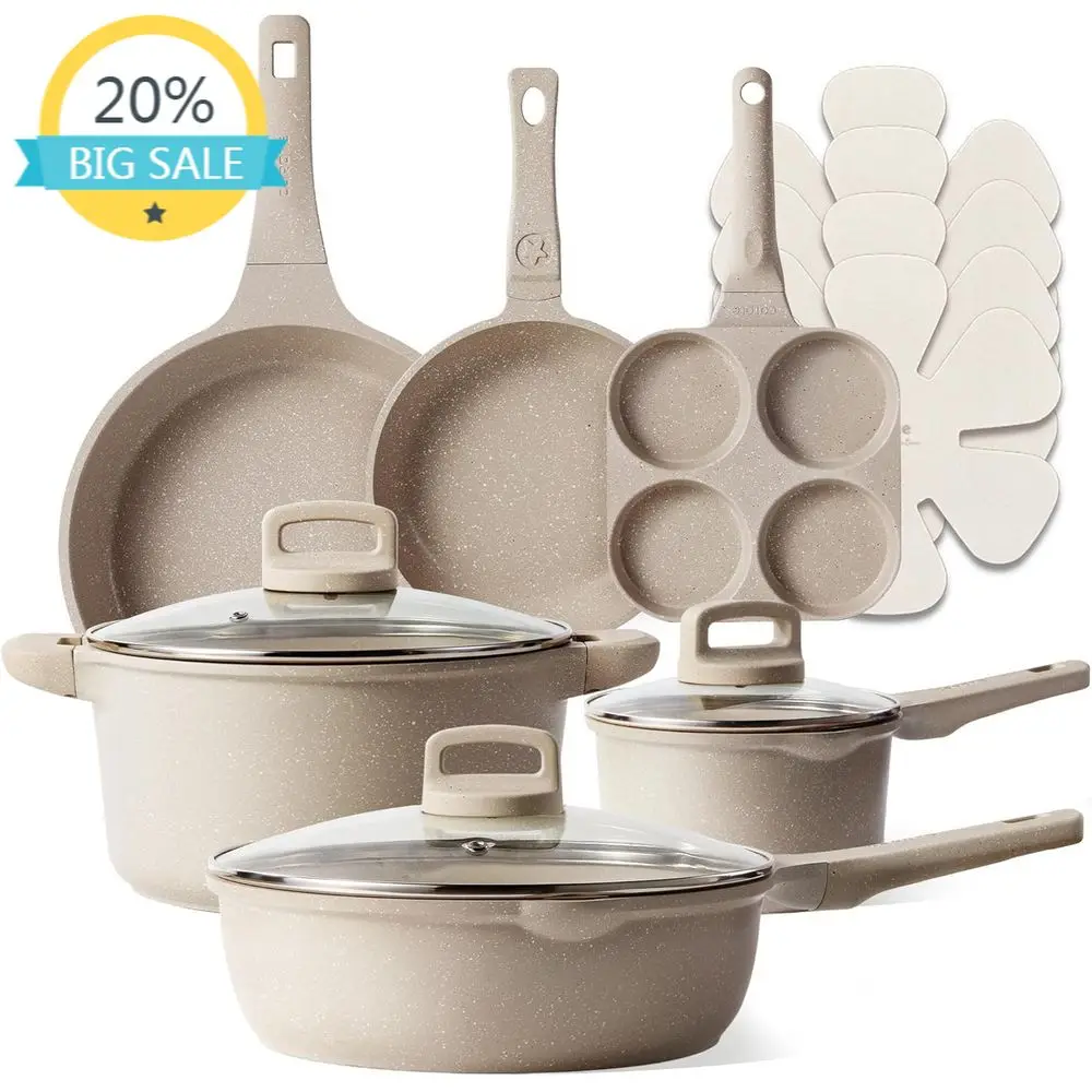 

13-Piece Non-Stick Cookware Set, Taupe Hued Pots and Pans with Lids, Essential Kitchen Induction-Ready Cookware