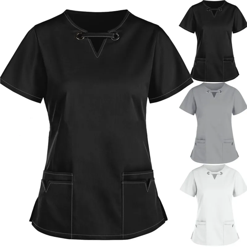 V-Neck Uniforme Enfermeira sólida, manga curta Scrubs, Top Trabalho Uniformes, Médicos Fato Cirúrgico, Salão de Beleza Hospital e Blusa Enfermagem