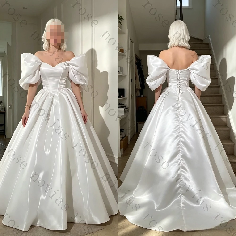 Customized Strapless Satin Off Shoulder Bubble Sleeve Wedding Dress 2026 Sweetheart Collar Luxurious Fluffy Princess Bridal Gown