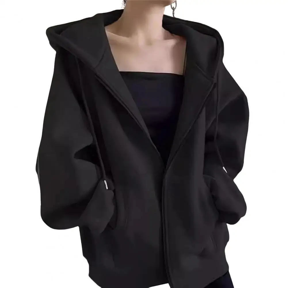 

Long-sleeved Women Outerwear Stylish Hooded Sport Jacket with Drawstring Pockets for Women Wear Coat with Elastic Cuff Hem