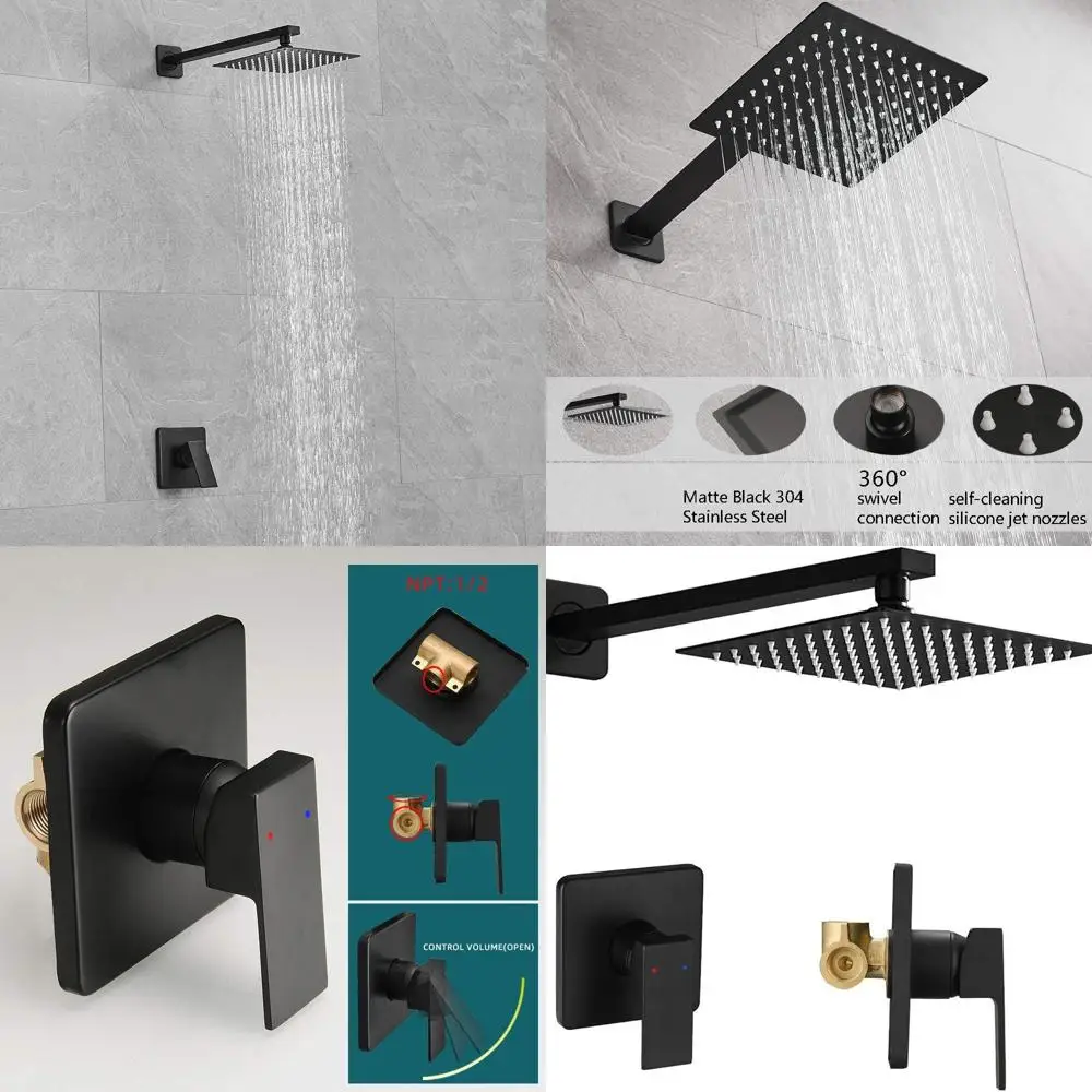 Square Matte Black Shower Set with Single Function Trim, Rain Head, and Extended Shower Arm