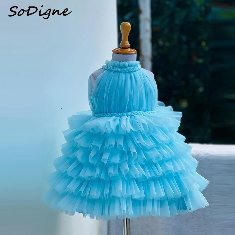 

SoDigne A-line Tulle Flower Girl Dress Sleeveless Tiered Beading Girls Skirt Party Dresses 2025 Long Kid Gown Customized