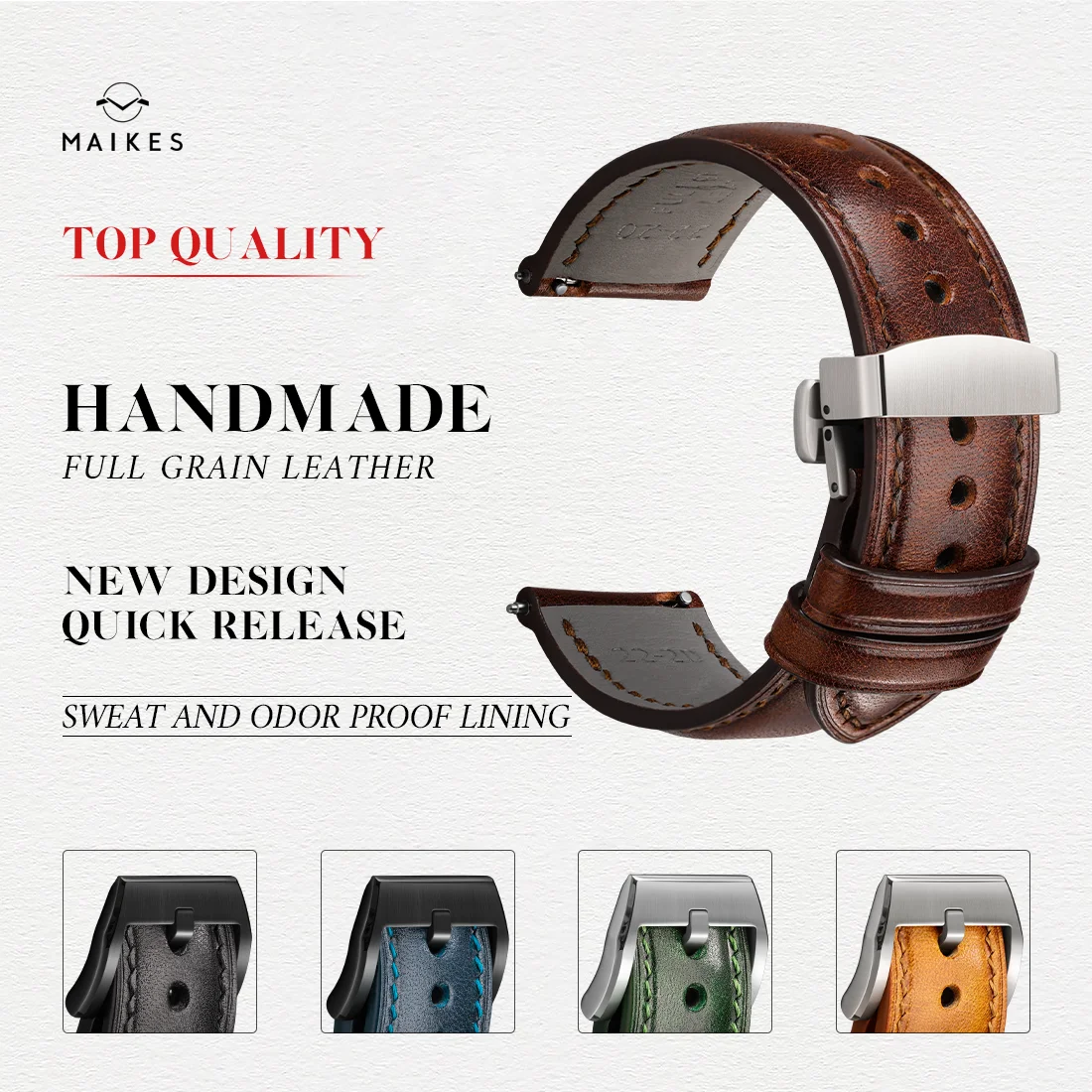 MAIKES أشرطة ساعات يد مصنوعة يدويًا من الجلد المحبب بالكامل 19 مللي متر ، 20 مللي متر ، 21 مللي متر ، 22 مللي متر ، 24 مللي متر ، ملحقات حزام ساعة اليد سريع الإصدار