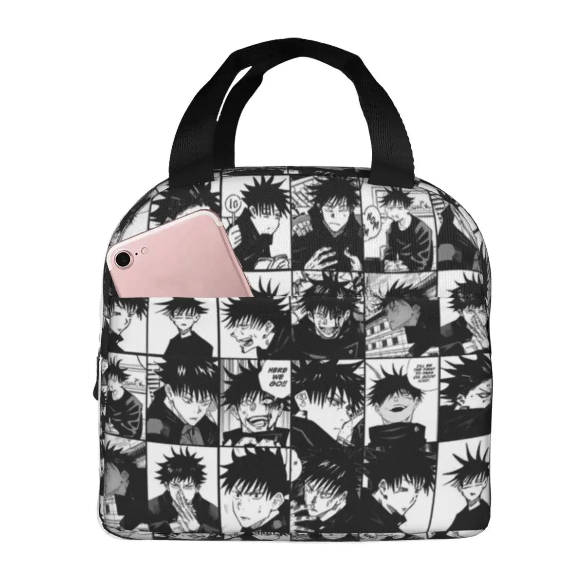 후시구로 메구미 만화 콜라주 단열 도시락 가방, 대용량 주술회전, 애니메이션 재사용 가능 보온 도시락 가방, 토트 작업