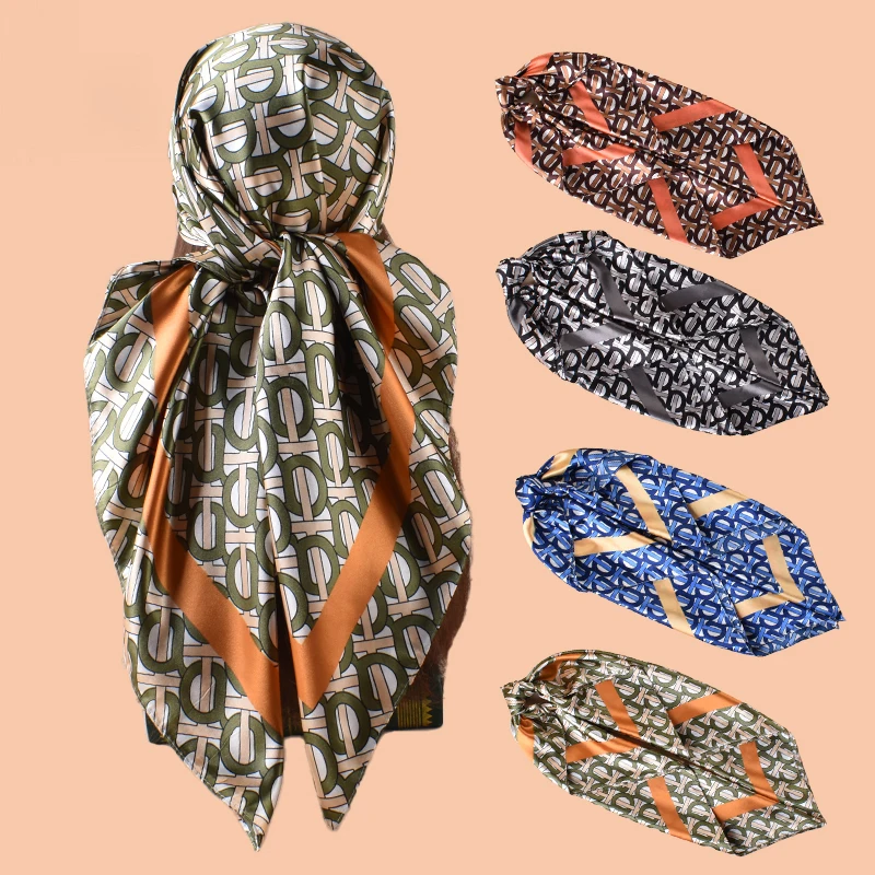 1pc Elegant Letter Print Satin Square Scarf Women's Hair Accessory Spring New Style Versatile Belt Bag Decor Silk Headscarf