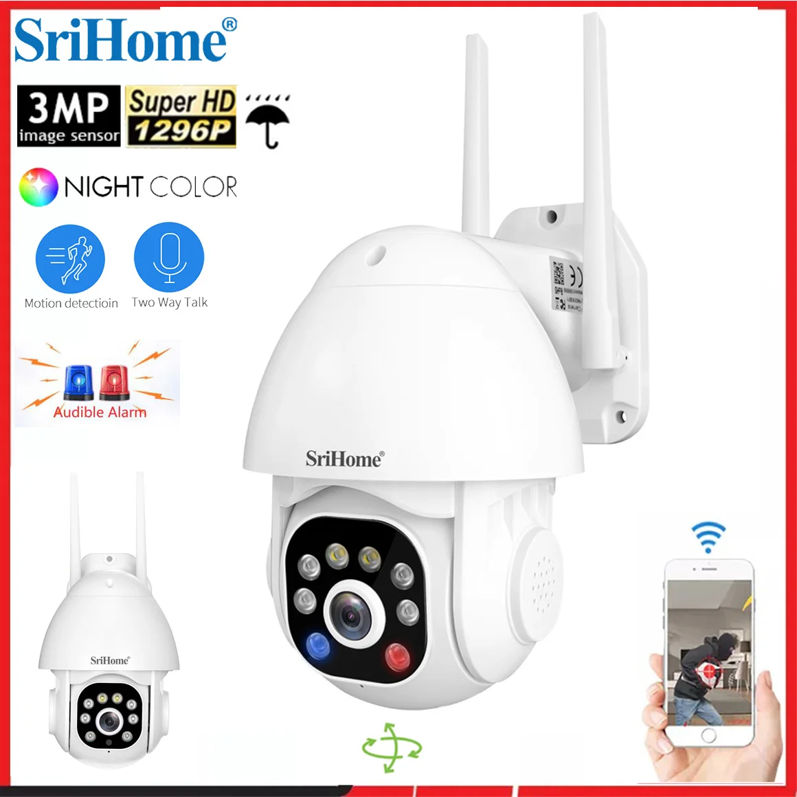 

Srihome Outdoor Waterproof SH039 WIFI IP Camera 3.0MP Sound And Light Alarm Security CCTV Cameras Starlight Color Night Vision