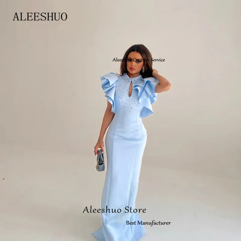 Aleeshuo Morden Sky Blue High Neck Mermaid Prom Gowns Arabic Dubai Shiny Beaded Pleat Sexy Cut-outفساتين مناسبة رسم Customized