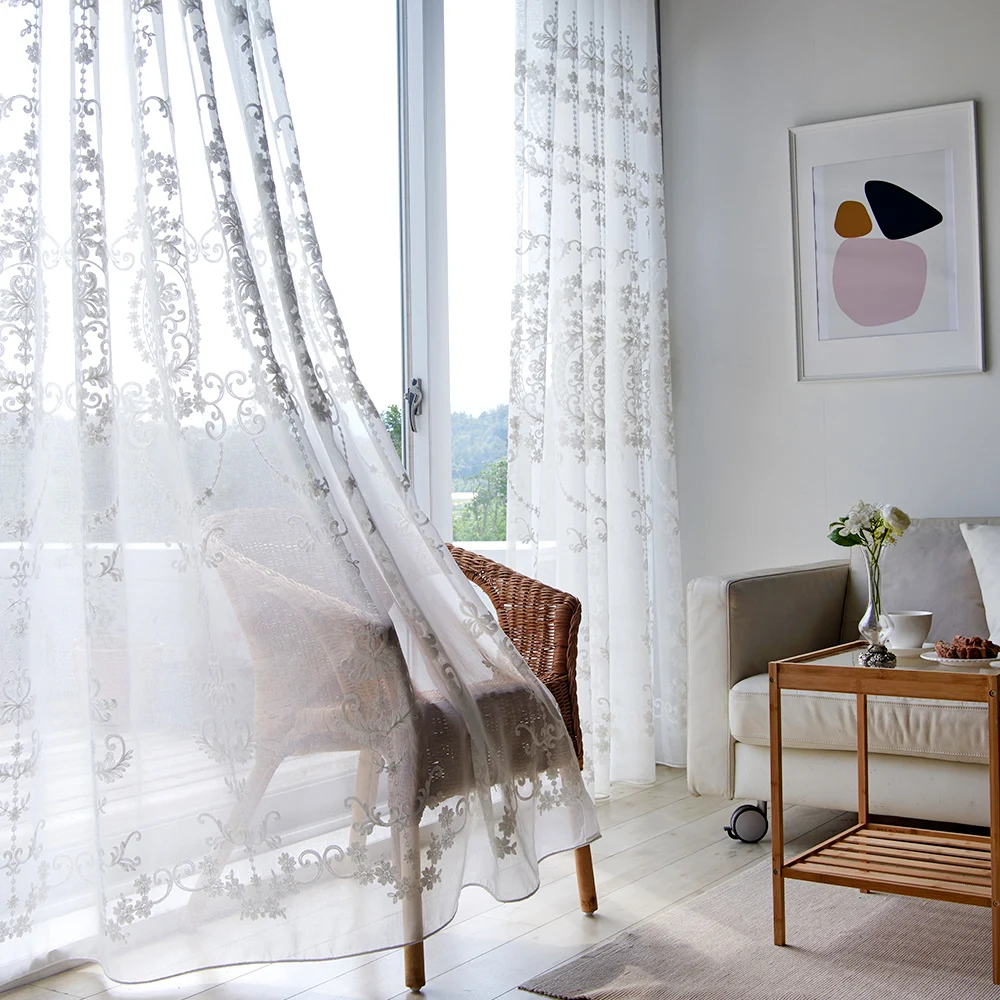 Ramonte French garden lace curtain Sheer Curtain White Embroidered Floral Voile Drapes for Living room