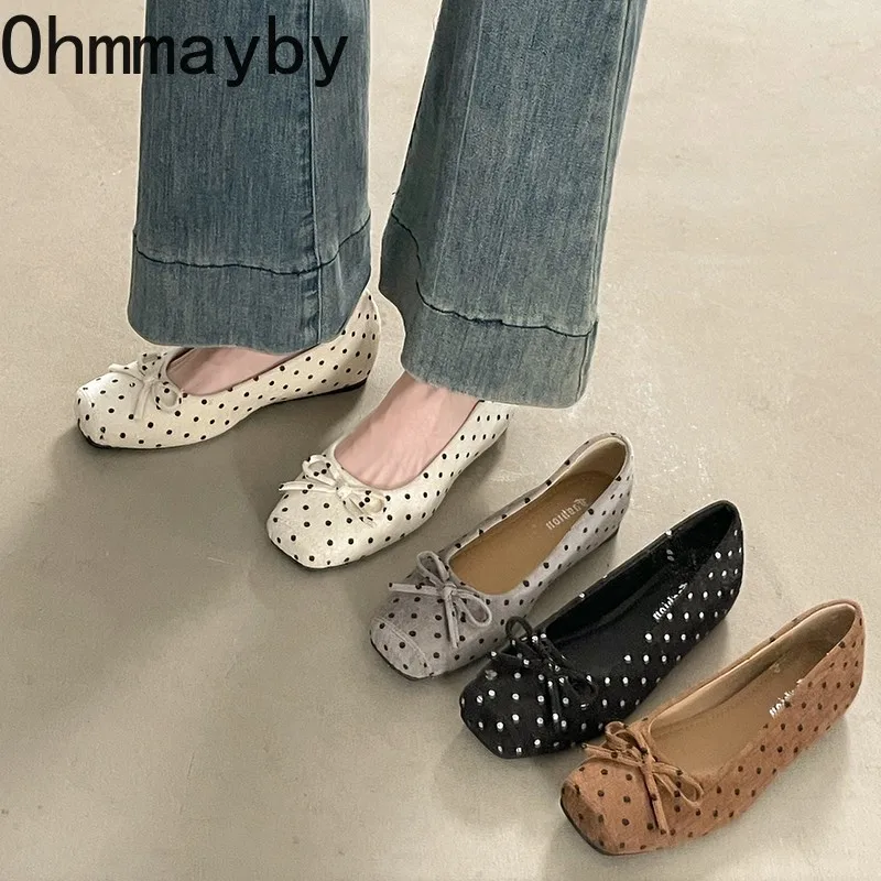 Women Polka Dot Ballet Bow Square Toe Slip On Internal Elevation Shoes Retro Casual Daily Office Comfortable Work Heels Shoes