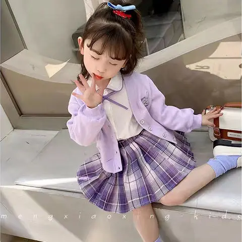 

Girls' Suit 2022 Spring Fashionable Three-Piece Suit Preppy Style Knitted Cardigan Coat Shirt Pleated Skirt Two-Piece Set