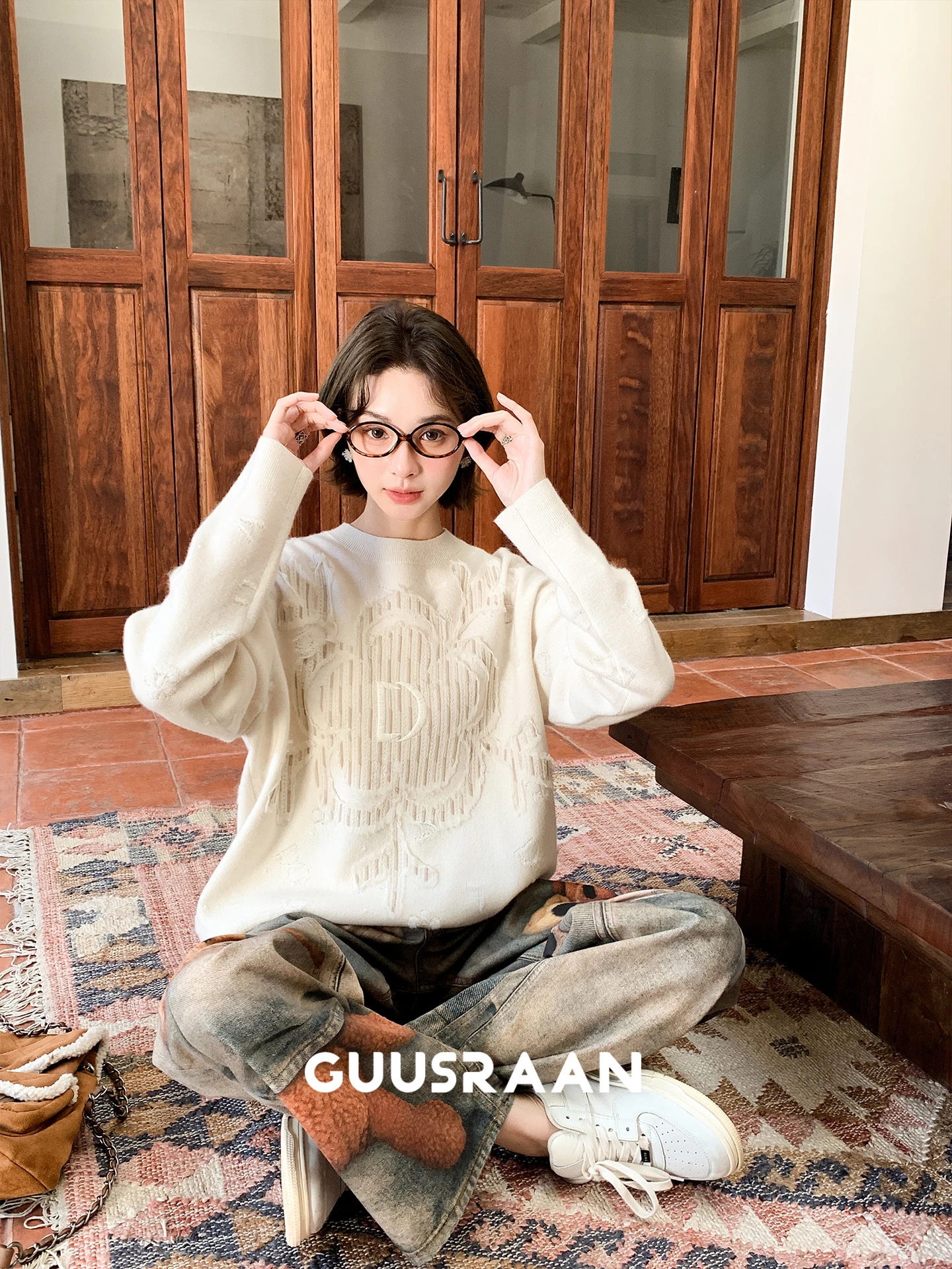 

Heavyweight Knitted Sweater Women's Faionable round Ne Pullover Spring Season Simple Elegance All-Match Top Quali Wool