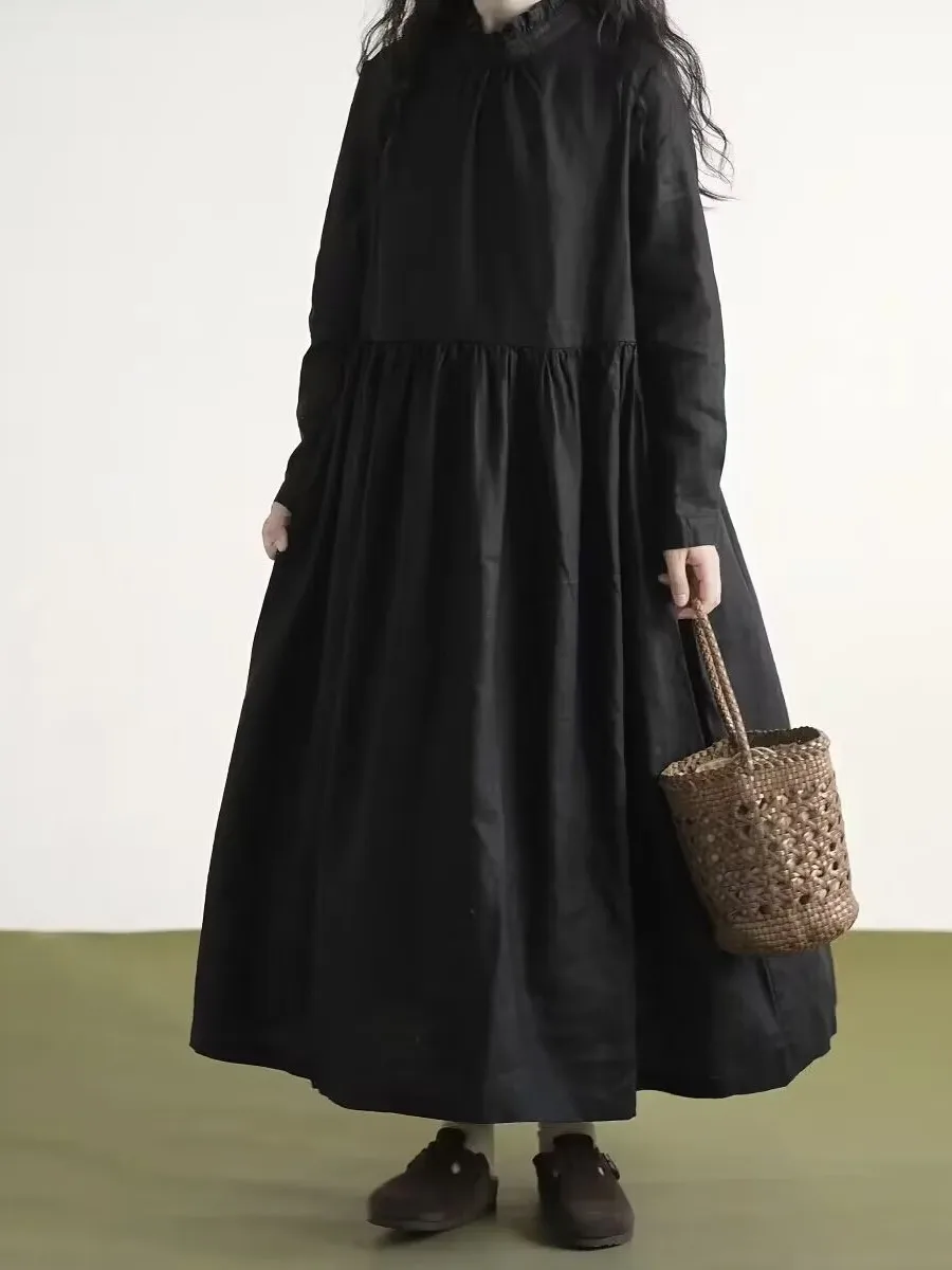 Black Lace Collar Long Sleeve Linen Dress Women's Autumn New Style Slimming Artistic Style Shirt Dress Casual Loose Waist