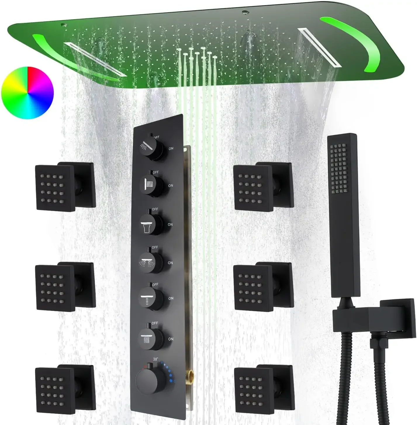 

4 Functions LED Shower Head System Black 27.95 Inch Rainfall Shower Faucet Set Complete Thermostatic Shower Valve Kit