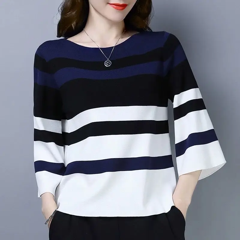 Women\'s Autumn Casual Loose Simplicity O-neck 3/4 Sleeve Knitwear Women Clothes Fashion All-match Elegant Temperament Tops