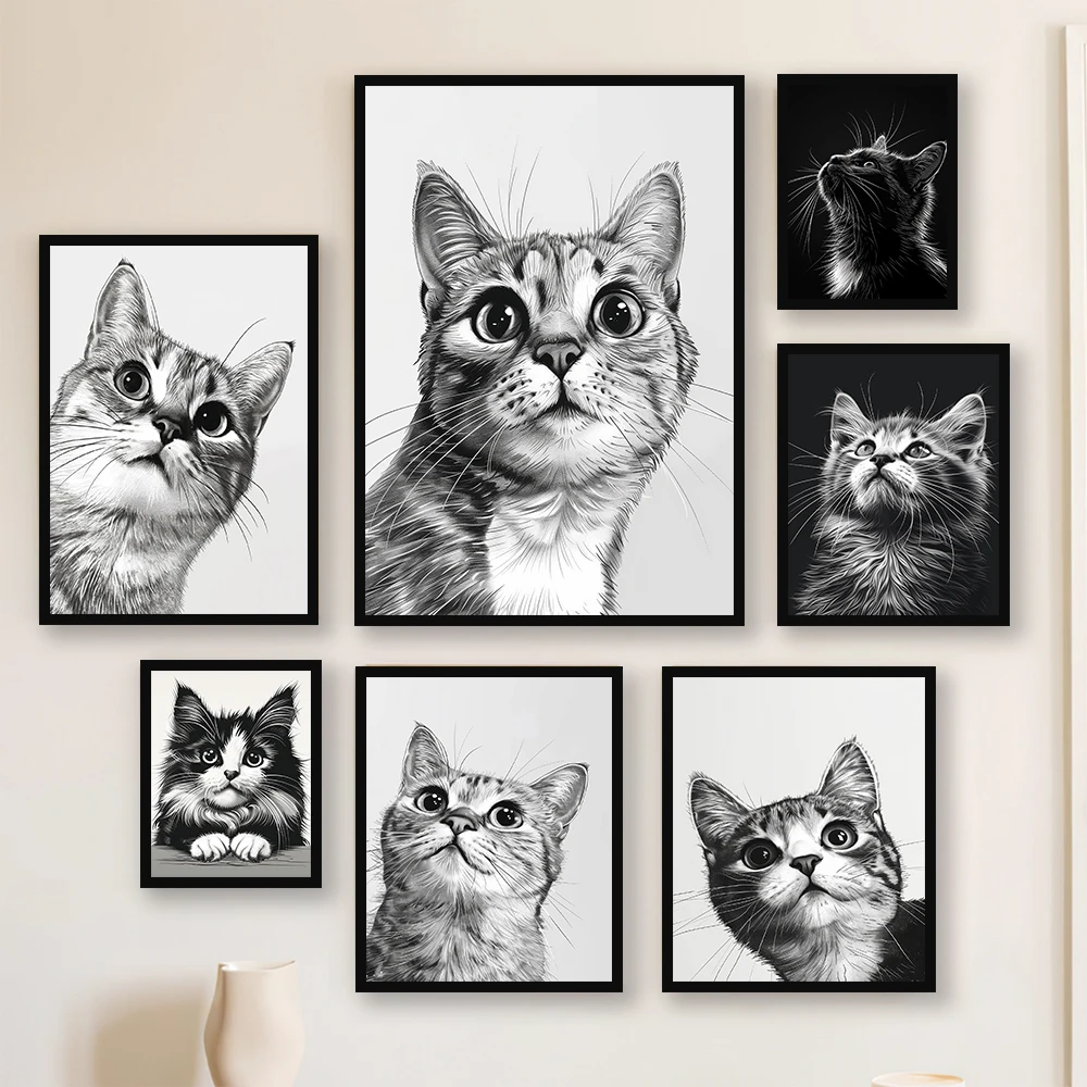 Black And White Cute Cat Poster Funny Animal Pet Art Wall Art Canvas Painting Sweet Kitten Prints Home Office Living Room Decor