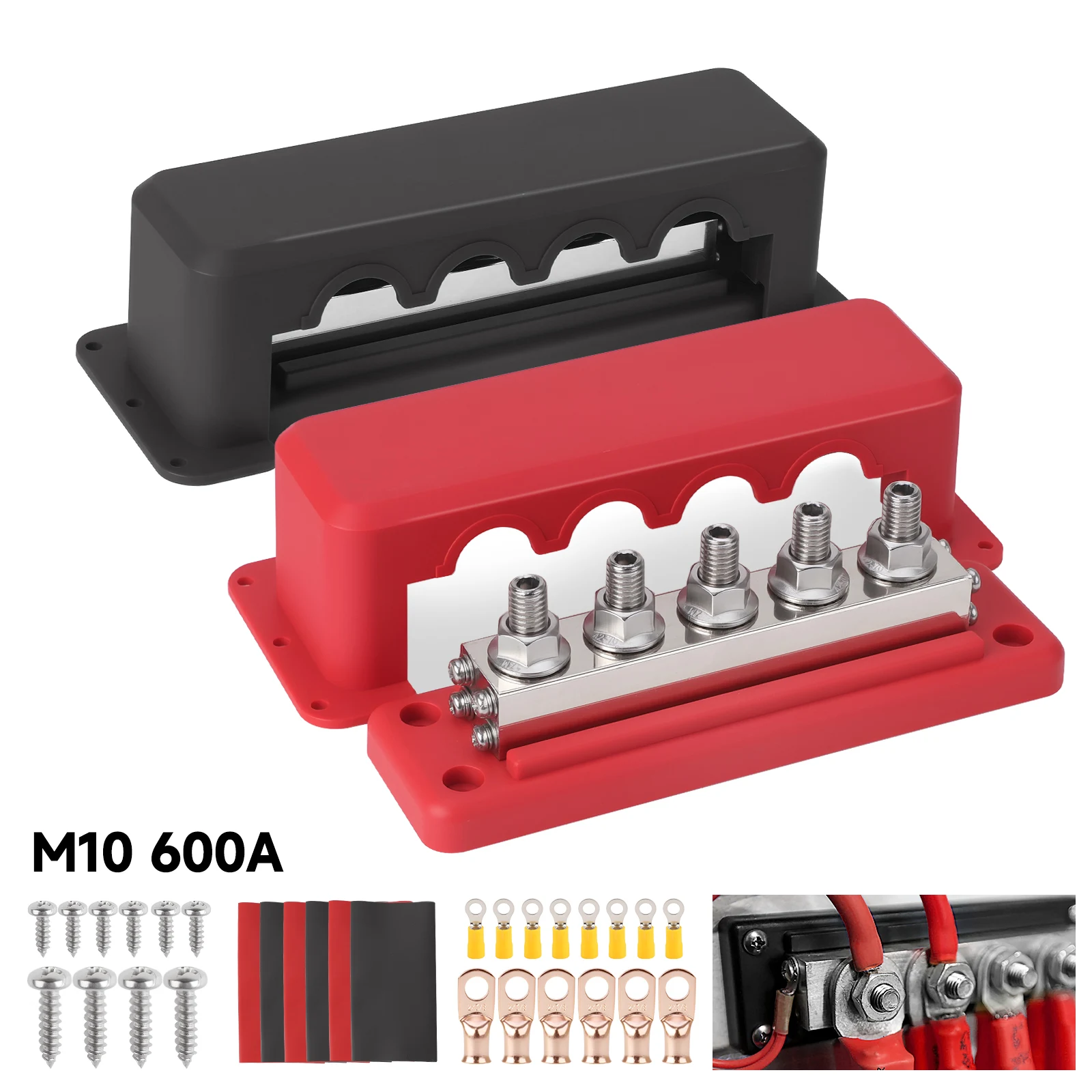 

48V Bus Bar 5 Terminal Power Distribution Block DC 600A M10 Studs Positive Negative Terminal Block with Cover for Boat Car RV