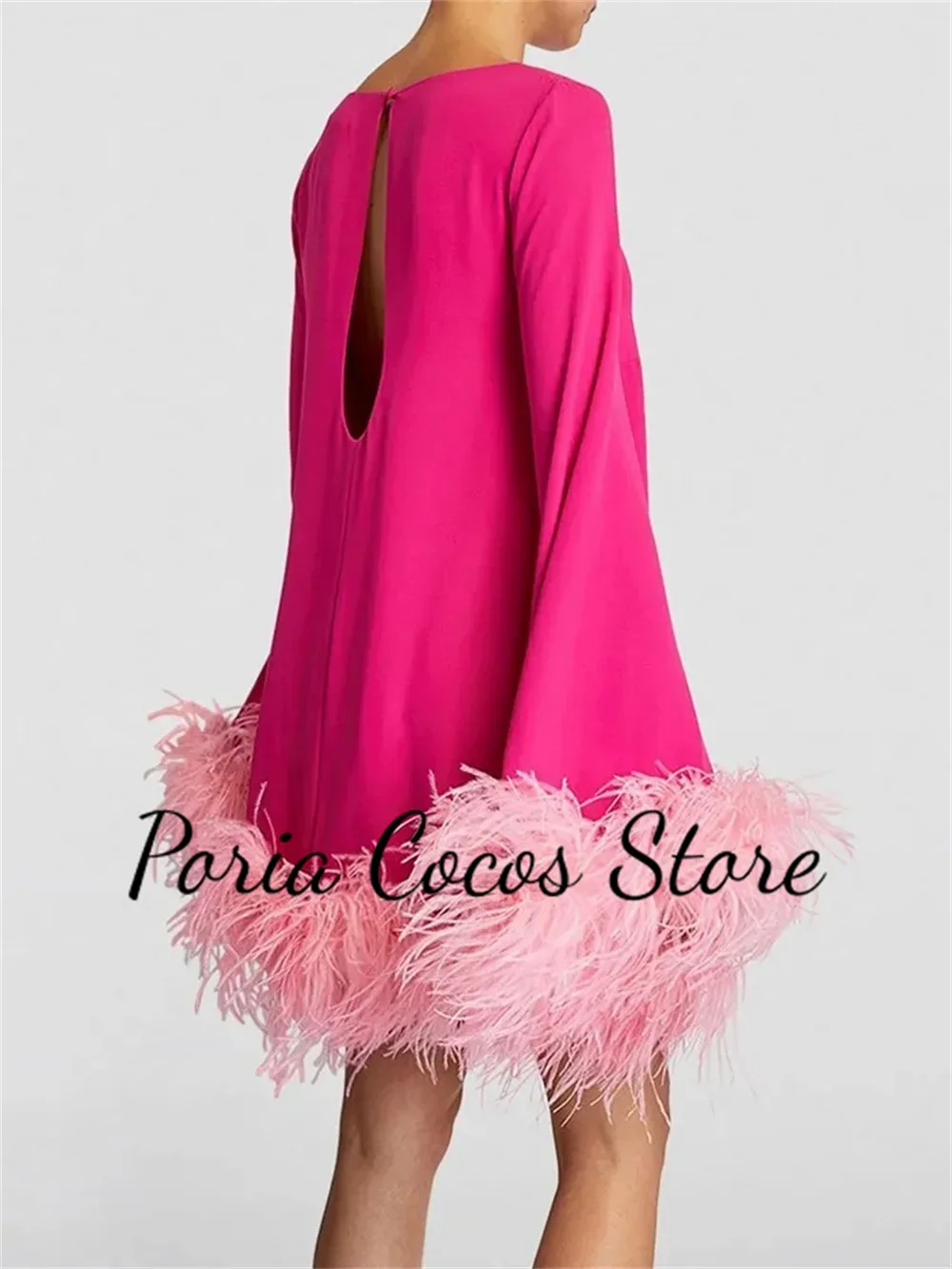 Customized Jersey Long Sleeve Short Cocktail Party Dress Draped with Feather Scoop Neck Contrast Color Women’s Mini Loose Gowns