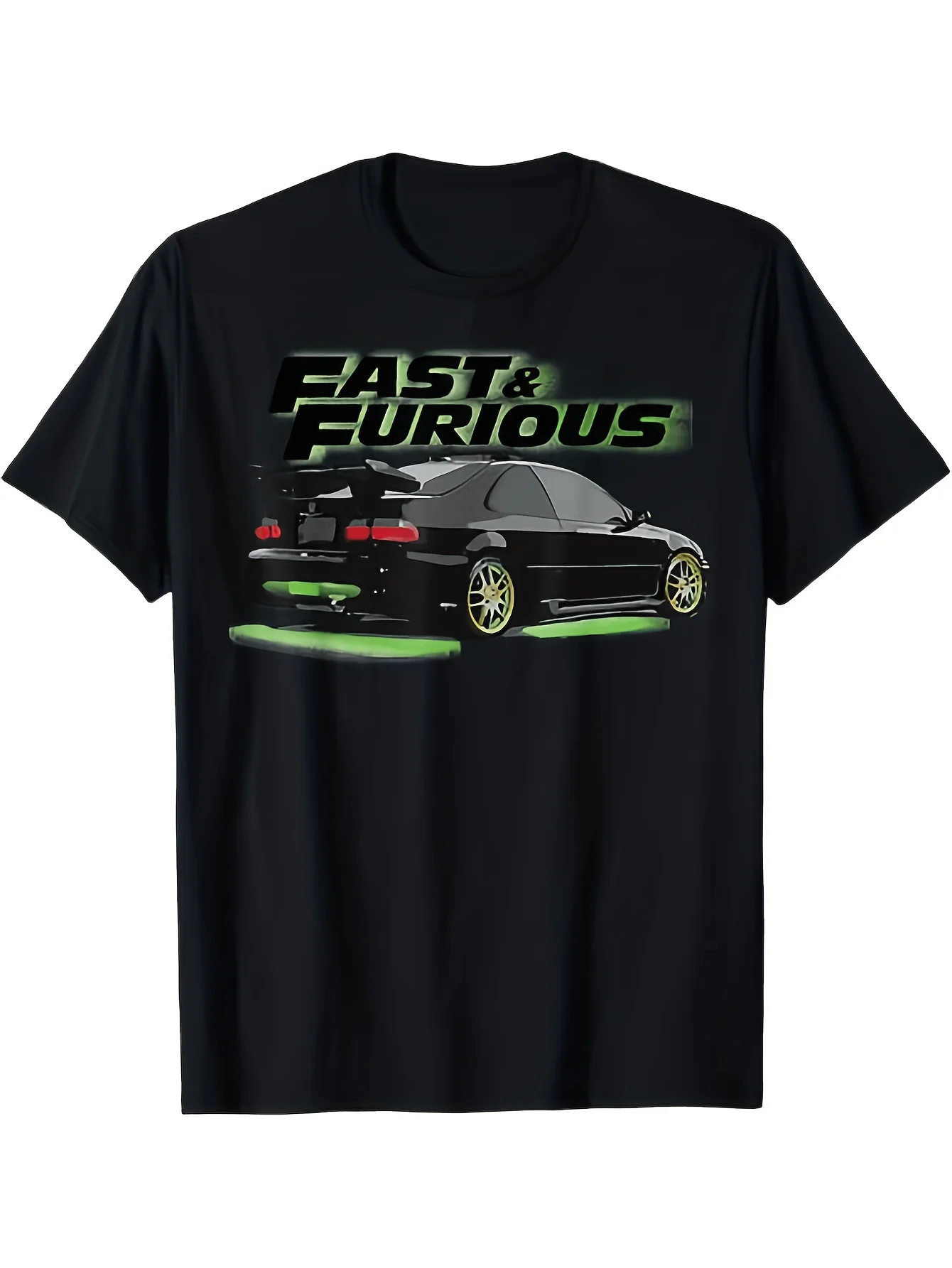 Men'S Fast  Furious Graphic T-shirt  Featuring Dominic Toretto and Brian O'Connor, All-season Comfort, , Casual Crew Neck, Black with Green Lettering, Relaxed Fit, Stylish Car Print, Ideal for Car Enthusiasts, Short Sleeve