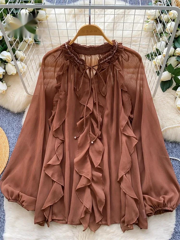 

Женская осенняя роскошная повседневная рубашка, модная блузка с длинными рукавами и бисером, с оборками, корейский однотонный прозрачный шифоновый топ