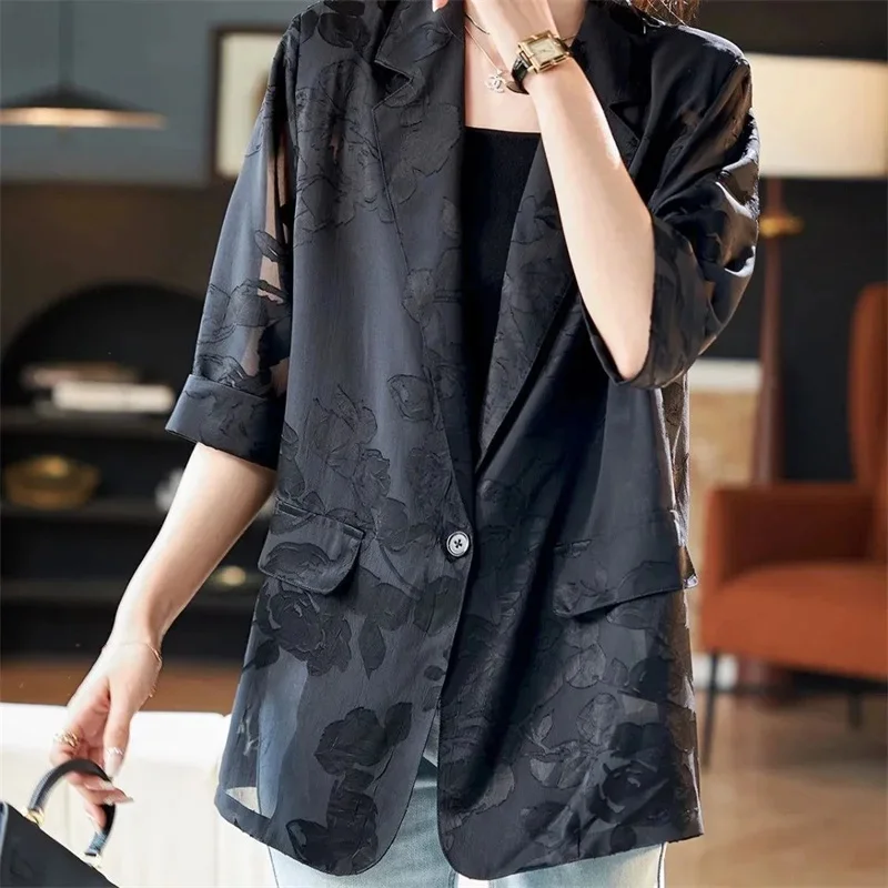 2024 Spring Summer Blazer Vintage Jacquard Sunscreen Jacket Women's Plus Size Loose Coat Top Female Leisure Thin Suit Jackets