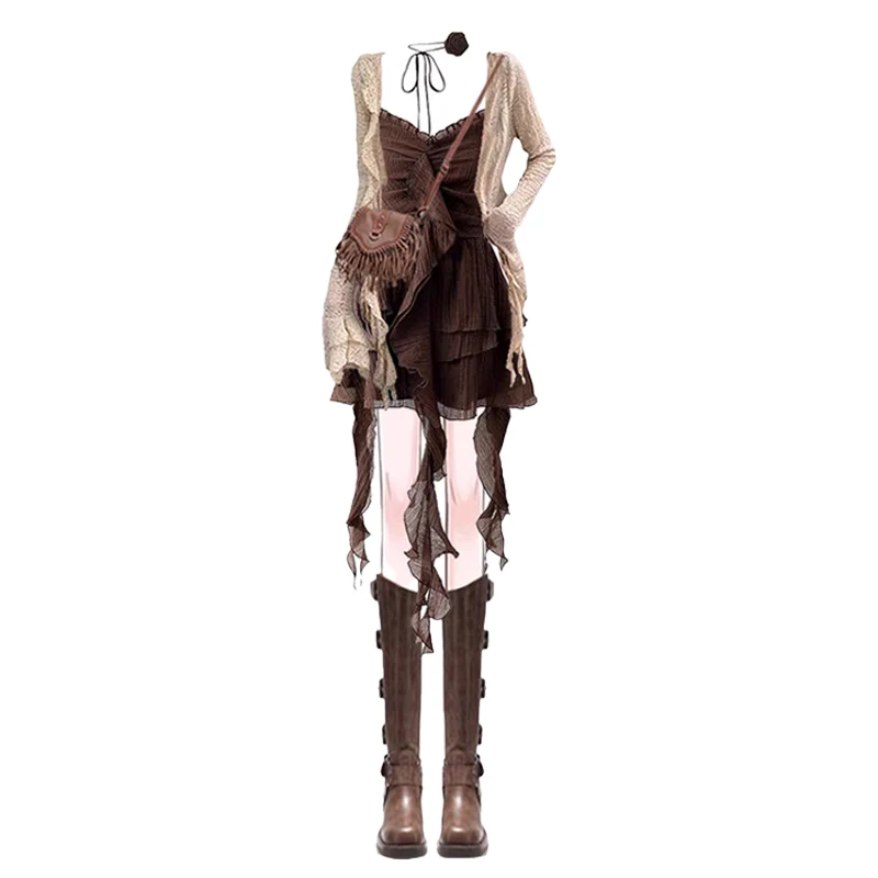 

Лето 2023, новый комплект кардигана с кружевным платьем и юбкой, комплект из двух предметов, длинный свеч V-Ne, повседневная мода