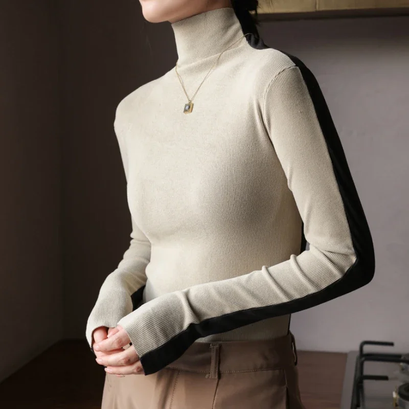 Patchwork Turtleneck Slim Sweater Women Front Back Long Sleeve Threaded Pullovers Office Lady Autumn Winter Elegant Base Shirt