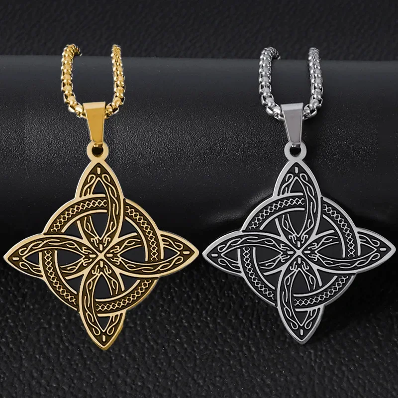 Stainless Steel Silver Color Pattern Witch Knot Pendant Necklace Celtic Knot Lucky Jewelry Gift for Friends Family