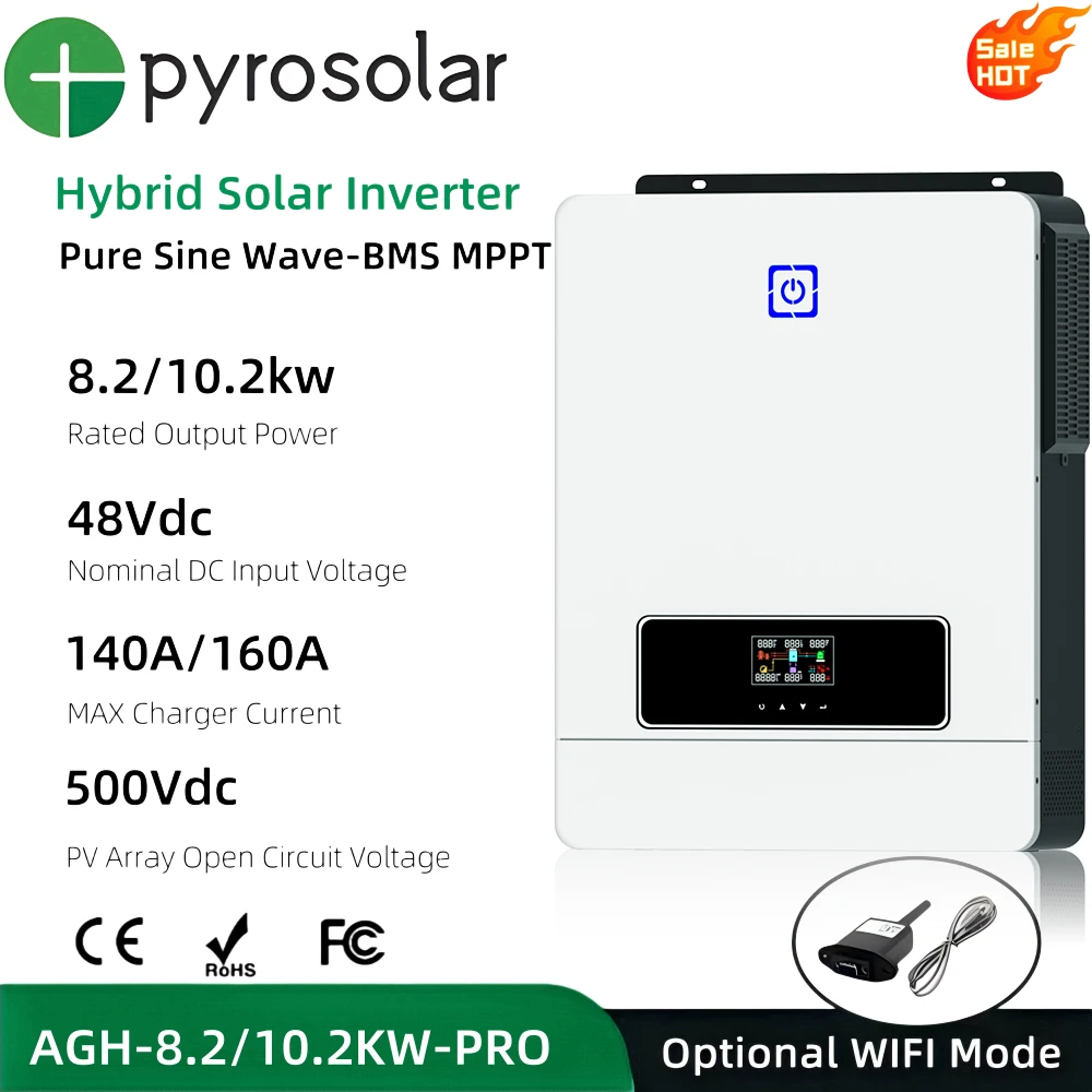 Pyrosolar 8.2KW 10.2kW Hybrid Solar Inverter 48V 220V 500VDC Pure Sine Wave Inverter with BMS