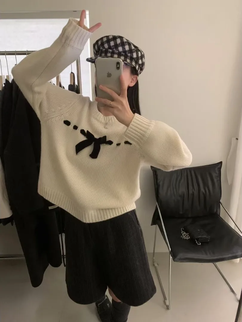 

Корейский дизайн, свитер с узлом, женский осенне-зимний новый нежный мягкий свитер для колледжа, круглый вязаный свитер, модный