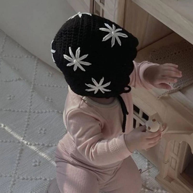 Elegant Crochet Lace Beanie Cap with Adjustable Strap Ear Protections Bonnet Fashion Headwear for Infant in Cold Season